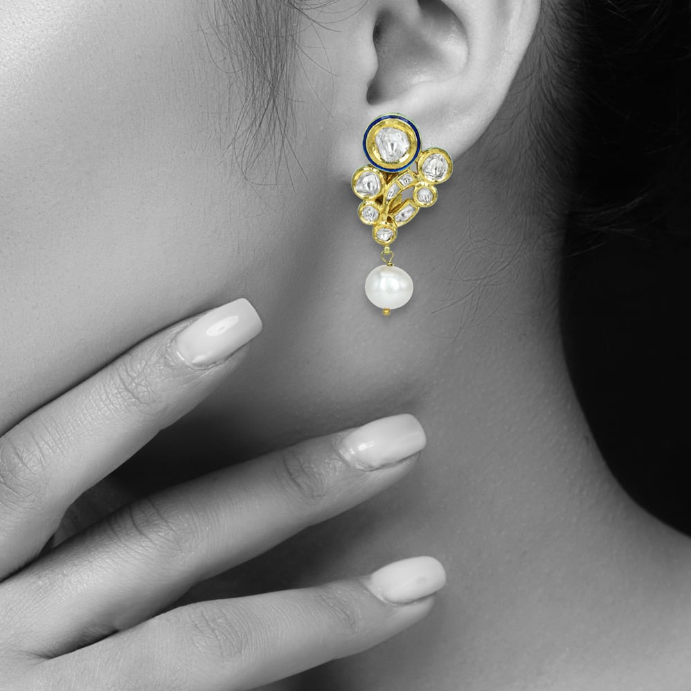 Floral Polki Earrings with Blue Enamel and Pearl Drop